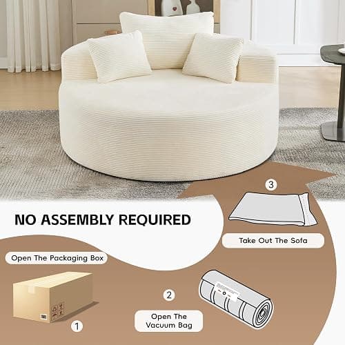 55" Oversized Round Chaise Lounge Indoor, Corduroy Boneless Bean Bag Chair, Compressed Cloud Floor Sofa, No Assembly Comfy Oversized Round Chair Fluffy Accent Chair for Living Room Bedroom, Beige thumbnail 7