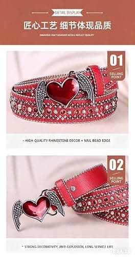 Women's Red Studded Belt with Angel Wing Heart Buckle, Rhinestone Embellished, Bohemian Style,Fits waistline 88-103CM thumbnail 8