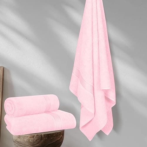 Belizzi Home Cotton 2 Pack Oversized Bath Towel Set 28x55 inches, Large Bath Towels, Ultra Absorbant Compact Quickdry & Lightweight Towel, Ideal for Gym Travel Camp Pool - Pink - Pink thumbnail 3