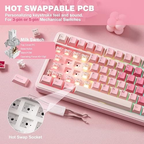 YUNZII B75 PRO Wireless Mechanical Keyboard,75% Layout with Knob,Hot Swap Gasket Custom Structure,Creamy Pre-lubed Switches,RGB Backlit,Bluetooth/Type-C/2.4G for Win/Mac(Milk Switch,Pink) thumbnail 5