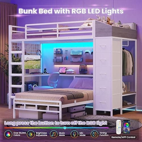 Bunk Bed Twin Over Twin with Desk, LED Lights and Hall Tree, L-Shaped Bunk Bed with Charging Station, 5 Storage Drawers, Twin Bunk Beds with 13.4"H Guardrail & Stairs, No Box Spring Needed, White thumbnail 5