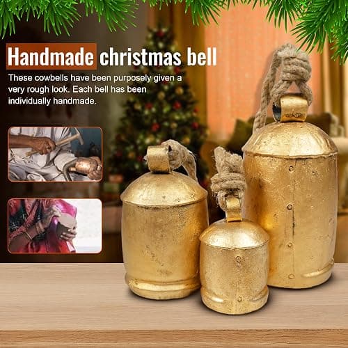 Set of 3 Giant Harmony Rustic Gold Christmas Bells for Decoration - Perfect for Cow Bell, Door Hanging, Staircase, Wall (Large) thumbnail 4