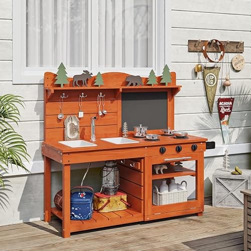 BRINJOY Outdoor Mud Kitchen Playset for Kids with Spray Pipe | Wooden Pretend Play Kitchen Set with Removable Sinks, Blackboard, Kitchenware, Stove,Backyard Garden Kitchen thumbnail 7