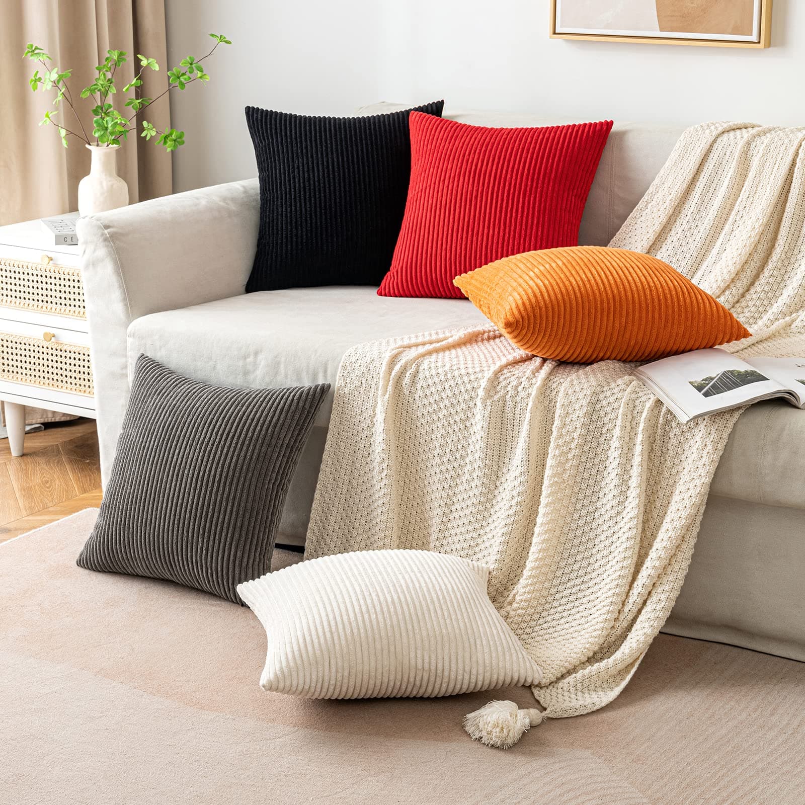 EMEMA Corduroy Cushion Covers Square Throw Pillow Cases Stripe Soft for Home Sofa Bedroom Decorative Pillow Cases 45 x 45 cm Set of 2 Black thumbnail 5