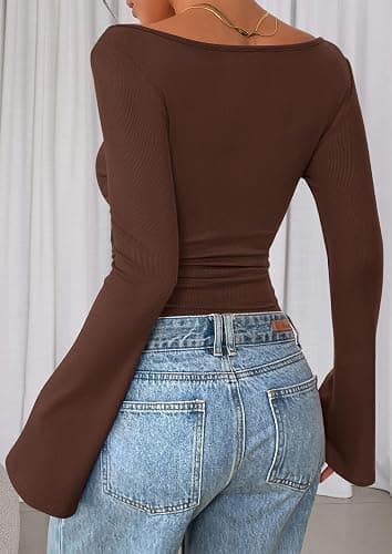 Women's Long Sleeve Shirts 2025 Fall Crop Going Out Tops Casual Boat Neck Bell Sleeve Ribbed Ruched Y2K Clothes thumbnail 6