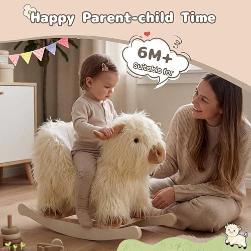 Baby Rocking Horse,Highlander Cattle Rocking Toy for 1+ Year Old Boys and Girls Rocking Horse for Kids Room Nursery Birthday Party Shower Gift Wood Animal Rocker French Design 3-Side Seat PP Cotton thumbnail 7