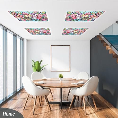 Glooglitter 4 Pcs Colorful Floral Fluorescent Light Covers 4 x 2 ft Stained Glass Magnetic Office Light Cover for Ceiling with 10 Magnets Filter Reduce Glare for Classroom School Home thumbnail 4
