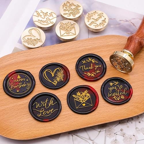 SWANGSA Blessing Wax Seal Stamp Gift Box Set, Vintage 6 Sealing Stamp Heads and 1 Wooden Hilt for Wedding, Party Invitations, Envelops, Christmas Cards and Gift (Phrases Kit) thumbnail 4