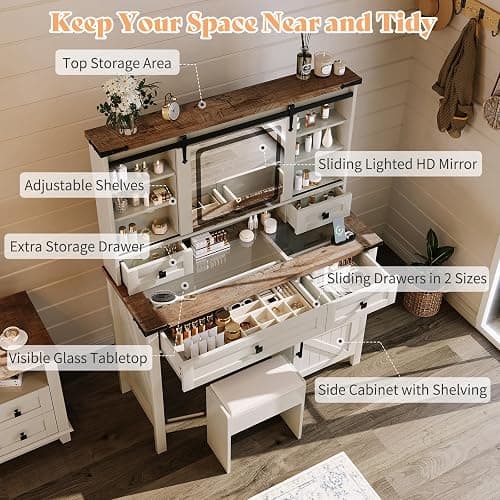 AMERLIFE 42'' Farmhouse Makeup Vanity Desk with Sliding Mirror and Lights, Glass Tabletop Vanity Table with 2 Drawers & Shelves for Bedroom(NO Bench), Antique White thumbnail 4