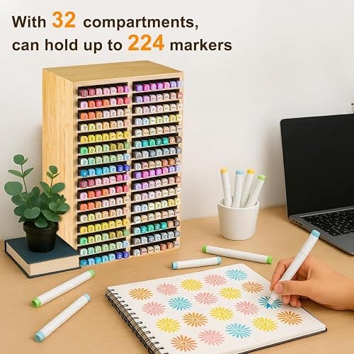 M.J COMFY-LIFE Bamboo Marker Organizer - 32 Compartment Desktop Storage Holds 224 Markers/Pens | Natural Wood Stationery Holder for Artists, Classroom & Office (224 Markers) thumbnail 4