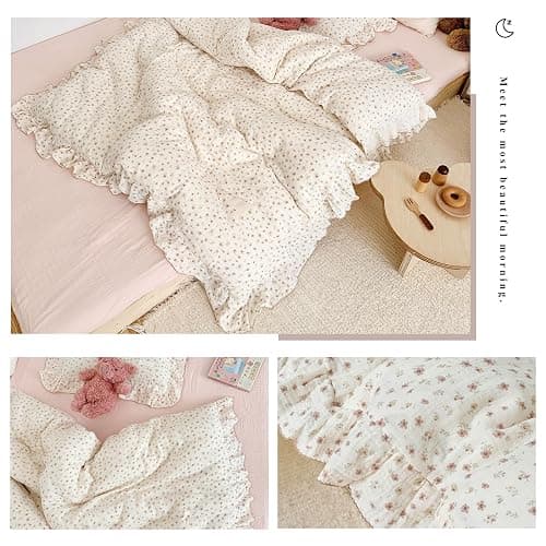 VM VOUGEMARKET 3 Pieces Full Cream Duvet Cover Set Ruffled,Girls Double-Layer Cotton Gauze Duvet Cover with Floral Pattern,Zipper Closure & Corner Ties,80"x90" thumbnail 3