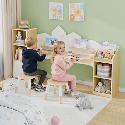 Xilingol Kids Desk with Bookshelves and 2 Stools, Wooden Kids Desk and Chair Set with 5 Storage Cabinets, Children Writing Drawing Table, Student Kid Study Table for Ages 3-8, Boys, Girls, House Shape thumbnail 5
