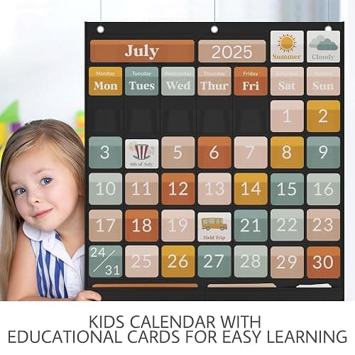 The Ultimate Classroom Calendar Pocket Chart for Kids - Beautiful Calendar with Educational Cards for Easy Learning - Fun Boho Classroom/Teacher Must Have Supplies That Fits Nicely w/Any School Decor thumbnail 5