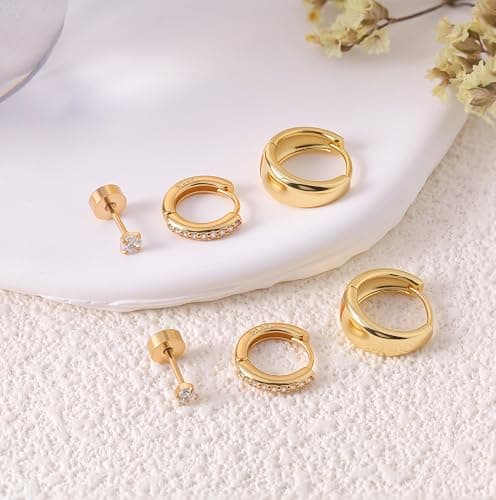 Styleeary Gold Earrings for Women, Small Chunky 14K Gold Plated Hypoallergenic Huggie Hoop Earring Sets for Multiple Piercing, Lightweight Stud Earrings,Tiny Ball CZ Cartilage Earrings Stack 3Pairs thumbnail 8