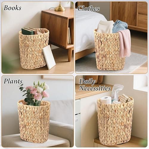 Wicker Trash Can and Square Tissue Box Cover, 4 Gallon Water Hyacinth Bathroom Trash Can, Handwoven Napkin Holder, Narrow Small Waste Basket, Rustic Decorative Home Set for Bedroom,Office (Khaki) thumbnail 5