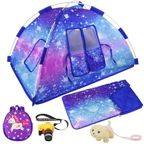 Ecore Fun 5 Items 18 inch Dolls Camping Tent Set and Accessories Including Girl Doll Tent, Sleeping Bag, Backpack, Toy Camera and Dog - Image 1