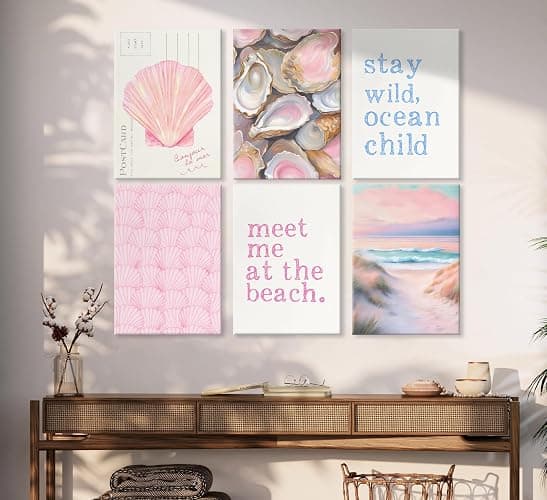 Pink Beach Preppy Canvas Wall art Coastal Granddaughter Aesthetic Room Painting Picture Wall Decor Shells Oyster Poster Print Artwork for Girls Room Girls Dorm Home Decoration thumbnail 6