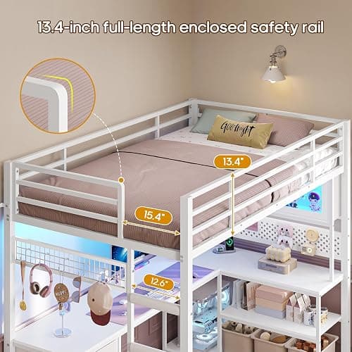 ADORNEVE Loft Bed Twin Size with L-Shaped Desk, Storage Drawers & RGB Arcylic Hutch, Expanded Safety Power Outlet, Metal LED Loft Bed Frame with Wide Ladder, for Teen Girls, White thumbnail 8