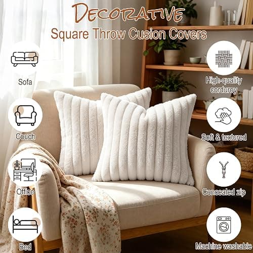 Set of 2 Faux Fur Decorative Soft Striped Cushion Covers 45x45 cm,Cream Soft Couch Square Throw Pillow Covers 18x18 Inch with Invisible Zipper for Sofa Bedroom Decorative Fluffy Large Pillowcases thumbnail 3