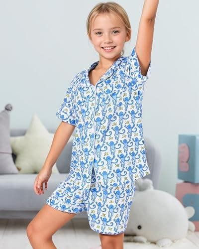 Zelbuck Girls Summer Outfit, Kids 2 Piece Button Down Monkey Beach Shorts Set Ugly Animal Y2k Preppy Loungewear Pjs - Light Blue - 10-11 Years thumbnail 5