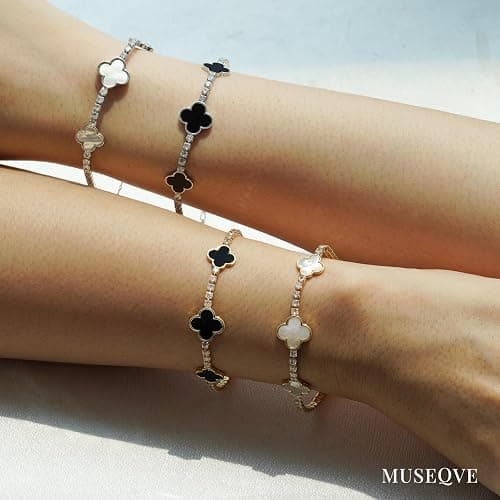 MUSEQVE Four Leaf Clover Bracelet for Women 14K Gold Plated White Mother of Pearl Onyx Black Clover Charm Tennis Bracelet Adjustable Chain Lucky Jewelry Gifts [CVBR] thumbnail 4