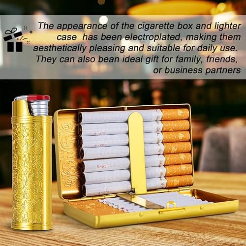 Vintage Metall Zigarettenetui mit J6 Feuerzeug Metallgehäuse, hält 12pcs 100mm Zigaretten, kann auch für RFID-Kreditkarte und Bargeld Organisatoren verwendet werden (Perlgold, 12pcs 100's) thumbnail 6