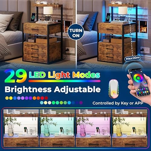 Nightstand with Charging Station and LED Lights, LED Night Stand with 2 USB Ports and 2 AC Outlets, Modern End Table with 3 Drawers, Bedside Table with Open Storage for Bedroom, Rustic Brown thumbnail 3