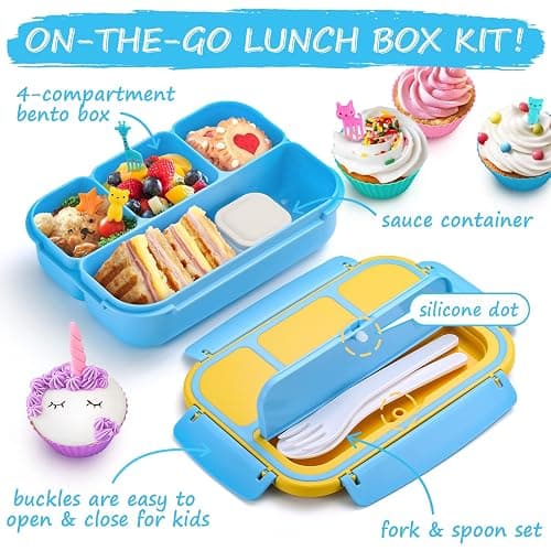 QQKO Bento Lunch Box for Kids Girls Boys, Toddler Kids Lunch Boxes for School, Lunch Containers for Adults with 4 Compartments, Sauce Container, Utensils, Food Picks and Muffin Cups, Blue thumbnail 3
