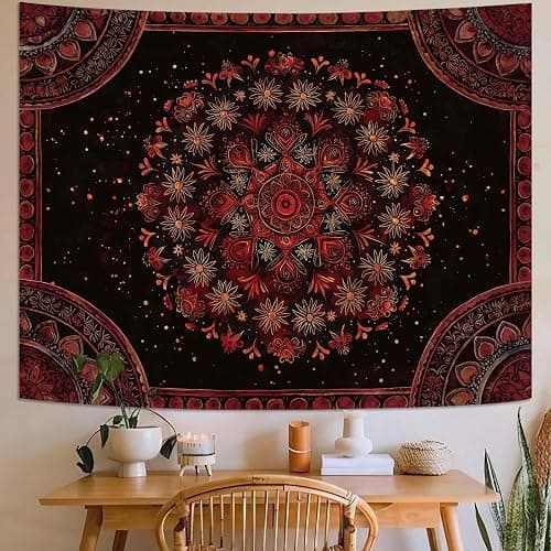 Accnicc Boho Mandala Tapestry Wall Hanging Hippie Bohemian Floral Flower Medallion Tapestry Aesthetic Small Vintage Black Red Indian Tapestries for Bedroom Living Room Dorm Decor 48 x 36 Inch thumbnail 5
