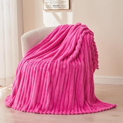 NEWCOSPLAY Super Soft Twin Blanket Hot Pink Premium Silky Flannel Fleece 3D Ribbed Jacquard Lightweight Bed Blanket All Season Use (Hot Pink Ribbed, Twin(60"x80")) - Image 1
