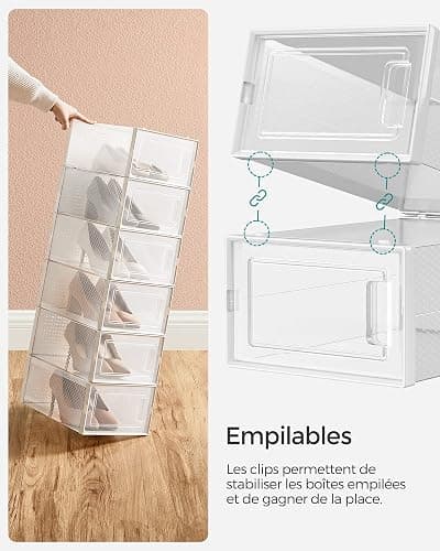 SONGMICS Boîtes à Chaussures, Lot de 18, Rangement Chaussures, Pliable, pour Pointure Jusqu’à 44, Transparent et Blanc LSP18SWT thumbnail 5