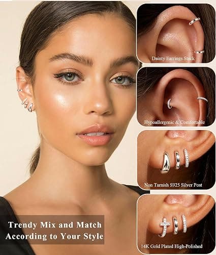 DORANA Jewelry for Her Gift 3 Pairs 925 Sterling Silver Earrings for Women Non Tarnish 14K Gold Plated Small Hypoallergenic Huggie Hoops Cartilage Stack Earring Sets for Multiple Piercing thumbnail 2