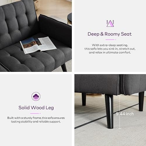 TYBOATLE 65“ Convertible Futon Sofa Bed w/ 2 USB, Upholstered Tufted Small Adjustable Folding Couch Loveseat, Modern Mid Century Sleeper Sofa for Living Room, Bedroom, Apartment, Office (Dark Grey) - Dark Grey thumbnail 5