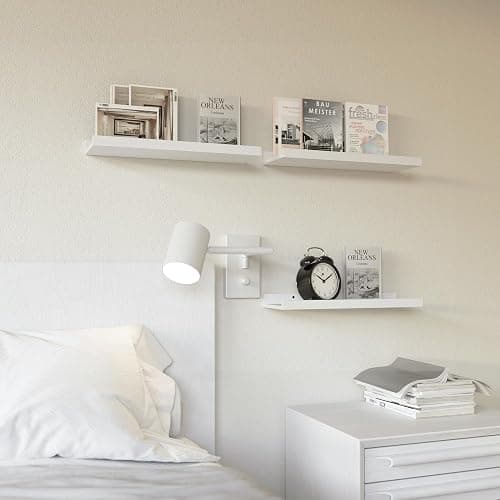 RICHER HOUSE 3-Set Floating Shelves with Lip, White Small Wall Shelf, 16In | Display Picture Ledge Shelf, Anti-drop lip Shelf for Room Wall Decor, Bedroom Bathroom Storage Nursery Books, Easy Setup,Wood thumbnail 5
