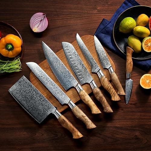 SENKEN 7-Piece Damascus Kitchen Knife Set - Dynasty Collection - 67-Layer Japanese VG10 Steel with Sycamore Wood Handles, Chef's Knife, Cleaver, Bread, Santoku, Boning, & More thumbnail 6