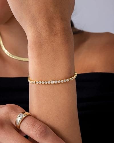PAVOI 14K Gold Plated Tennis Bracelets for Women - Bezel Set Cubic Zirconia Bracelet - Simulated Diamonds Round, Trillion, Trinity, Radiant, Pear, Heart Cut Stones Wedding Jewelry Gifts for Brides thumbnail 2