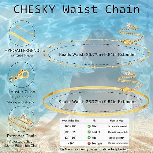 CHESKY 14K Gold Plated Silver Plated Waist Chain for Women, Layered Belly Belt Chains Beach Waist Beads Chain Waterproof Snake Cuban Body Chain Summer Jewelry Accessories for Women thumbnail 6