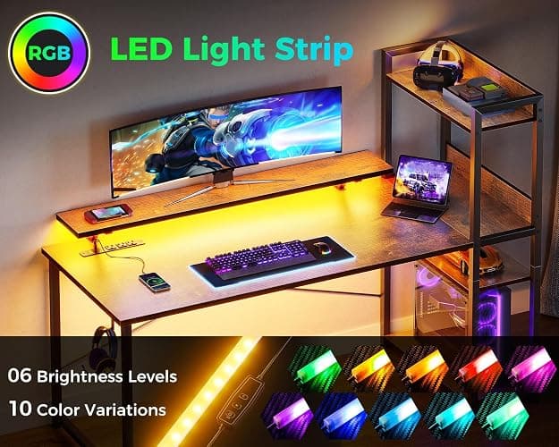 ODK Reversible Gaming Desk with Power Outlets and LED Lights, 48 Inch Computer Desk with Storage Shelves and Monitor Stand, Modern Writing Study Desk for Home Office, Rustic Brown thumbnail 5
