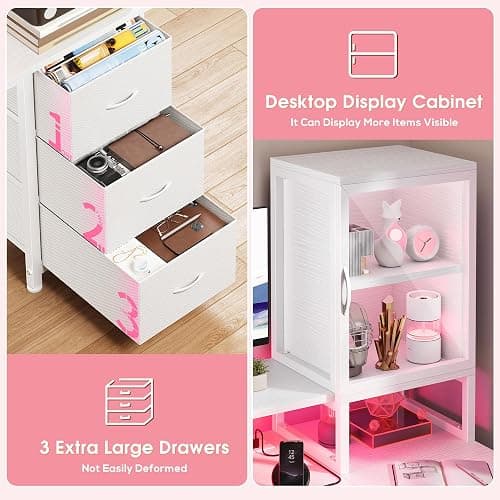 DurayLoly 47" White Computer Desk with 2 Acrylic Cabinet & 3 Fabric Drawers | Integrates Ample Storage & Display, Great Fit for Small Spaces, Outlets Suitable for Studying, Working & Gaming Equipments thumbnail 4