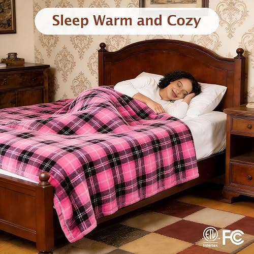 PTQ Electric Heated Blanket 50"x60",Fast Heated Throw with 8 Hours Auto Off/8 Heats Levels,Soft Pink Plaid Sherpa Electric Blanket with ETL Certification & Over-Heat Protection thumbnail 3