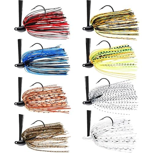 Sumind 8 Pcs Bass Fishing Jigs Bass Weedless Football Jig Metal Football Head Kit Swim Silicone Skirts Weed Guard Flipping Lures, Colorful, 10 G/ 3/8 oz - Image 1