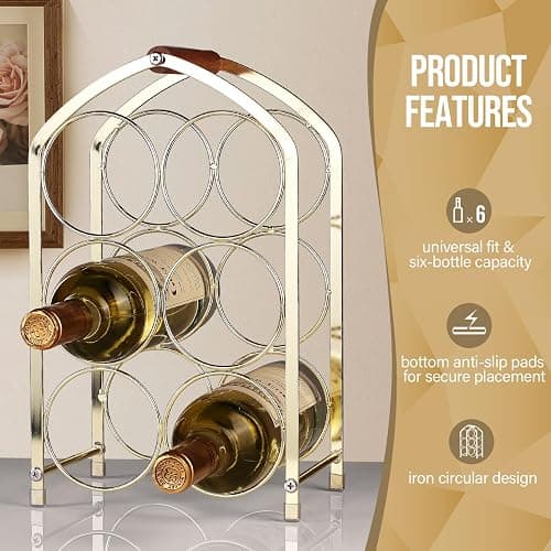 Drincarier Countertop Wine Rack - 6 Bottle Freestanding Modern Gold Metal Small Wine Rack - 3 Tier Tabletop Wine Holder Stand for Cabinet, Pantry, Wine Bottle Storage thumbnail 7