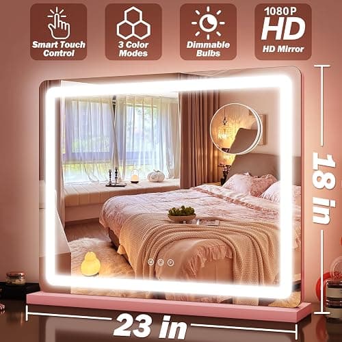 FENNIO 23" x 18" Vanity Mirror with Lights，LED Makeup Mirror，Hollywood Mirror with 3 Color Modes & Adjustable Brightness，Vanity Mirror Pink thumbnail 2