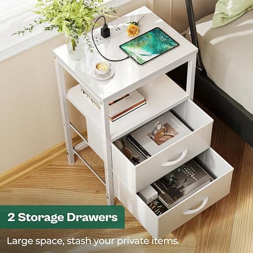 Huuger Nightstand with Charging Station, Side Table with 2 Fabric Drawers, End Table with Open Shelf, Bedside Table with USB-C Port and Outlets, Night Stand, PU Leather, White thumbnail 6