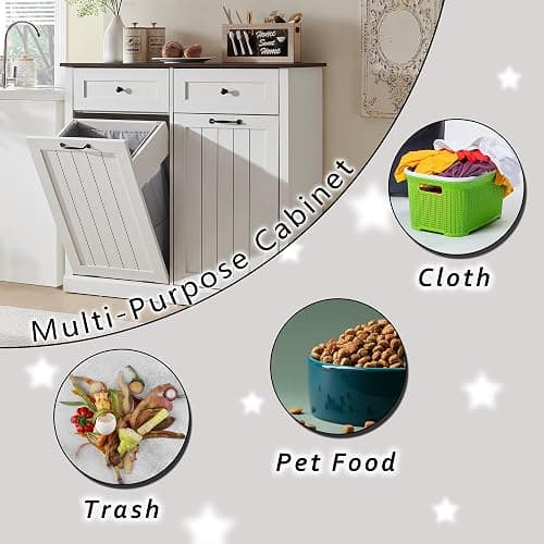 IFGET Double Tilt Out Trash Cabinet, 20 Gallon Farmhouse Laundry Hamper Cabinet with 2 Drawers, Hidden Wooden Trash Can Cabinets with Storage Basket for Kitchen, Living Room (Antique White) - Double Door - Antique White thumbnail 4