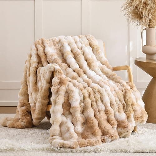 Smoofy Faux Fur Throw Blanket for Couch - Tie-dye Camel Soft Cozy Bubble Blanket, Beige Fluffy Plush Fuzzy Throw for Sofa & Bed, Thick Lightweight Warm Blanket, Luxury Aesthetic Gift for Women 60x80 - Image 1