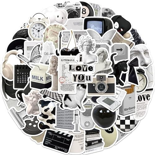 Vintage Sticker Aesthetic Stickers for Laptop Scrapbook Water Bottles, Icicrim Black and White Sticker 61PCS Y2K Retro Stickers for Teens Adults Vinyl Waterproof Decals - Image 1