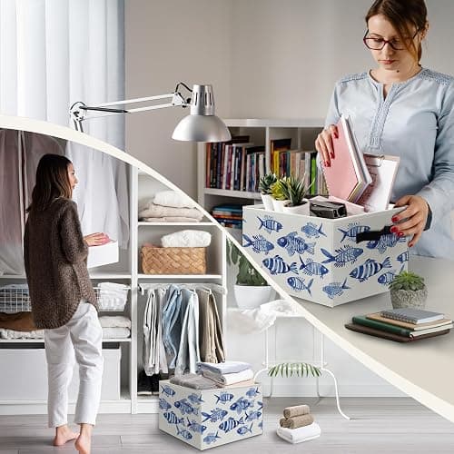 JUIOEIU Blue Fish Beach Coastal Foldable Storage Bins Box with Handles, Watercolor Ocean Animals Fish Beachy Collapsible Organizer Basket for Beach Bedroom Bathroom Clothes Toys Books thumbnail 5