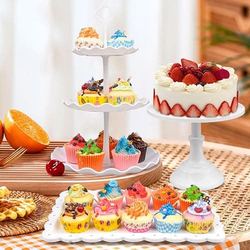 7 Pcs White Dessert Table Stand Set - 1Pcs Metal Cake Stand 2Pcs 3-Tier Plastic Cupcake Stands Cookie Tray Rack Serving Tray Cake Display Tower and 4 Dessert Trays for Wedding Party Baby Shower thumbnail 7