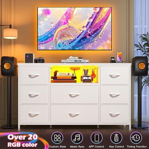 White Dresser for Bedroom with LED Lights & Charging Station, Dresser TV Stand for Bedroom with 8 Drawer for 55 inch TV, Fabric Dressers & Chests of Drawers with Open Shelves for Hallway Entryway thumbnail 7